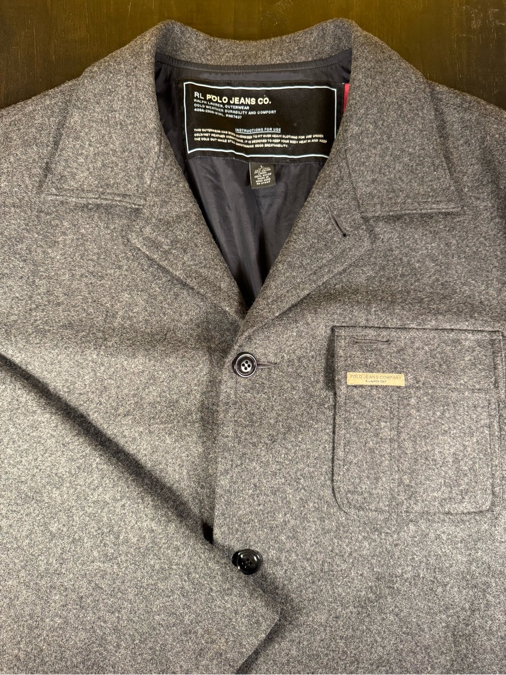VTG RL Polo Jeans Co Wool Blend Car Coat Jacket Gray L Heavyweight Outerwear